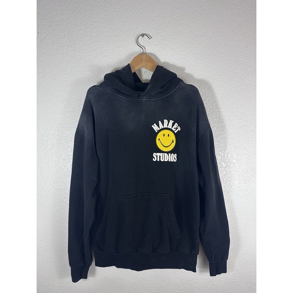 Market Studios Smiley Face Pullover Hoodie Black Mens Large Streetwear